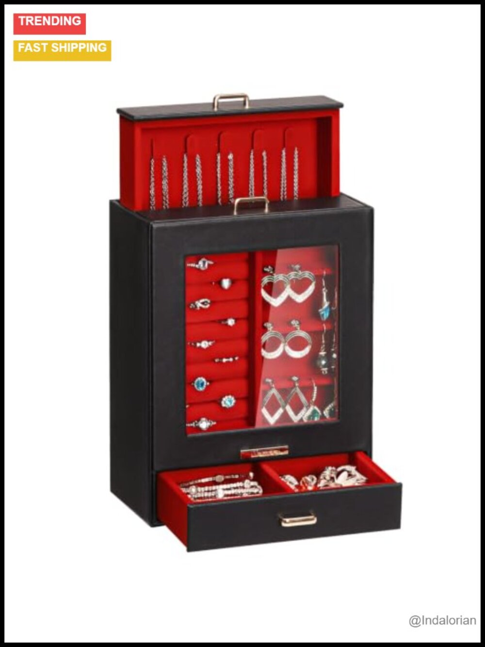 Homde Jewelry Box Organizer with Clear Window PU-Leather 3 Drawers